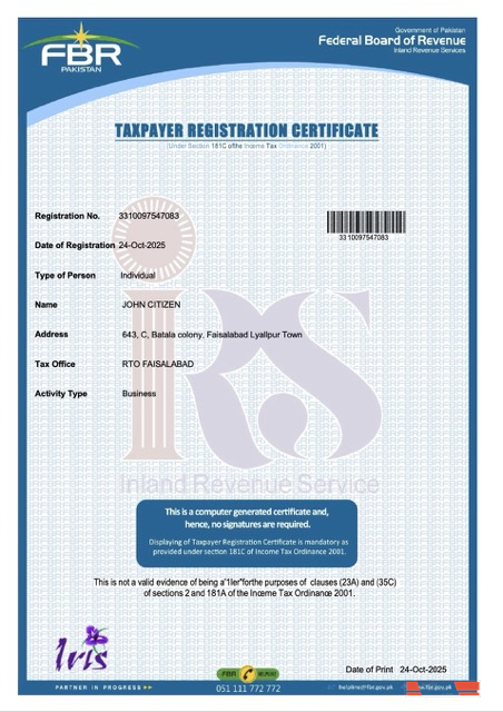 Pakistan taxpayer registration certificate Word and PDF template